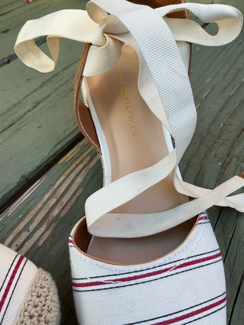 Tommy Hilfiger White Canvas Espadrille Wedges with Red Stripes